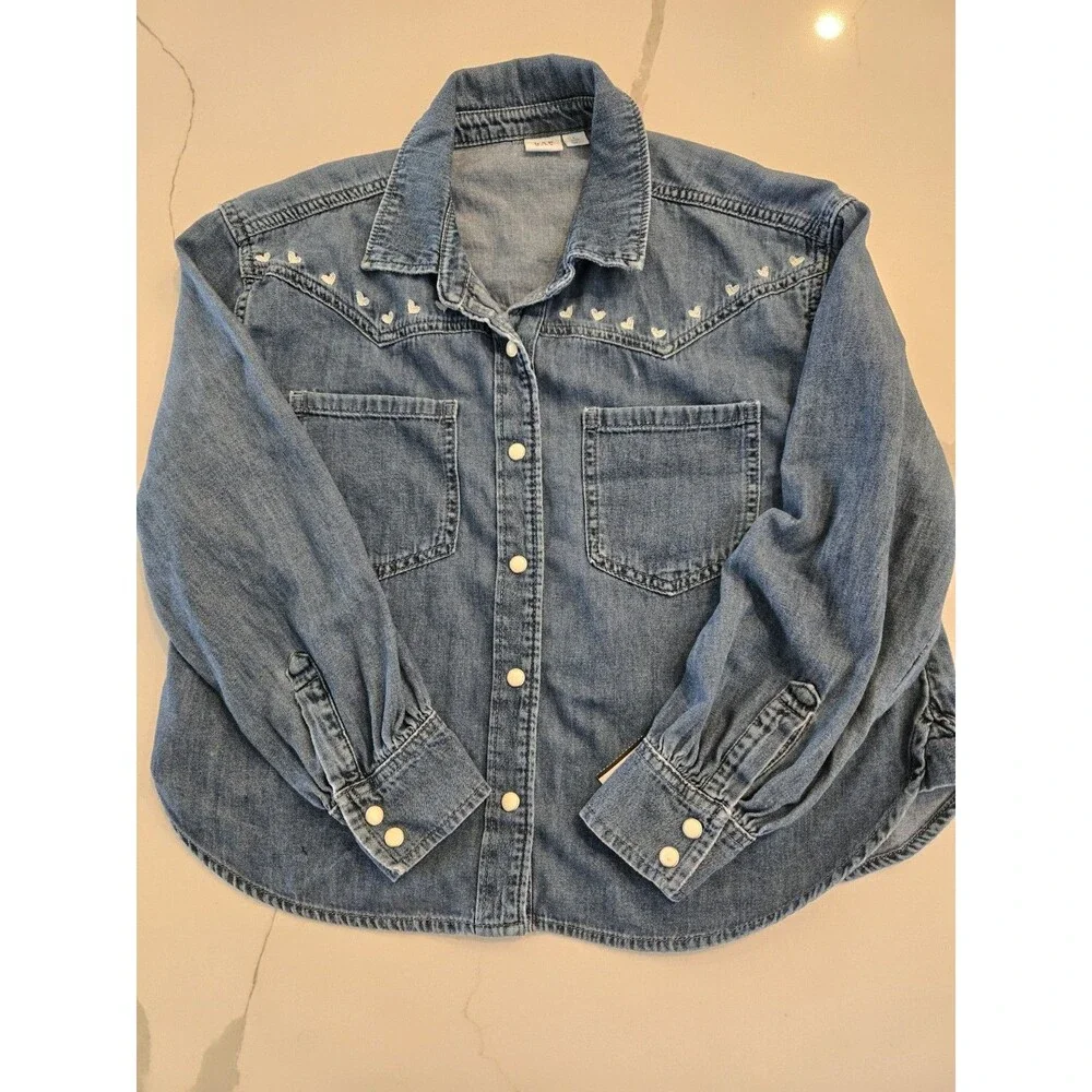 ​GAP Kids L 10 Embroidered Hearts Western Chambray Denim Shirt Kids Girls Snap